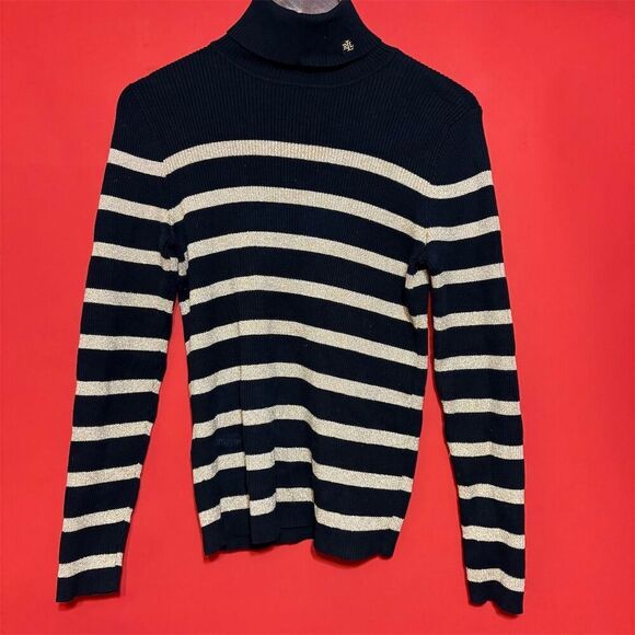 Lauren Ralph Lauren Women's‎ M Black Gold Striped Turtleneck Sweater - Picture 1 of 8
